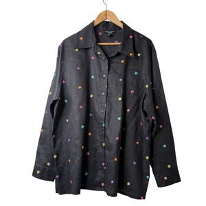 Anne Carson Linen Button Up Shirt 2X Black Embroidered Floral Cottagecore Boho